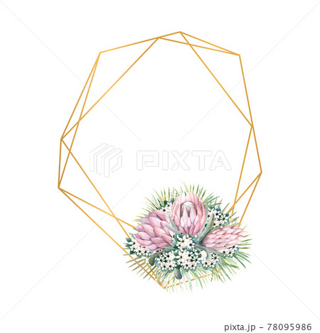 Geometric gold frame with protea flowers, tropical leaves, palm leaves, bouvardia flowers. Wedding bouquet in a frame for the design of a stylish invitation. Watercolour illustration 78095986