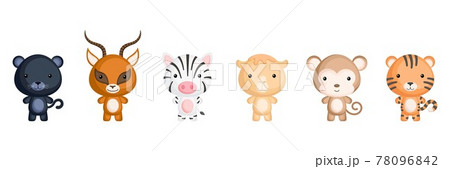 Collection of african little animals in cartoon style. Cute animals characters for kids cards, baby shower, birthday invitation, house interior. Bright colored childish vector illustration. Collection of african little animals in cartoon style. Cute animals characters for kids cards, baby shower, birthday invitation, house interior. Bright colored childish vector illustration. 78096842