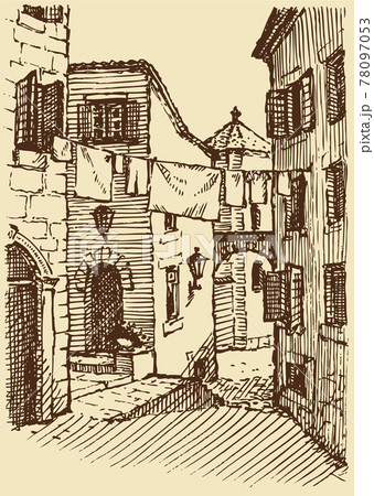 Vector cityscape. laundry drying between  houses on street 78097053