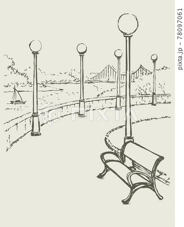 Vector landscape with river. Bench and lights along the road of the park 78097061
