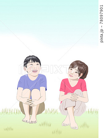 芝生に座り空を見上げる男の子女の子イラストのイラスト素材