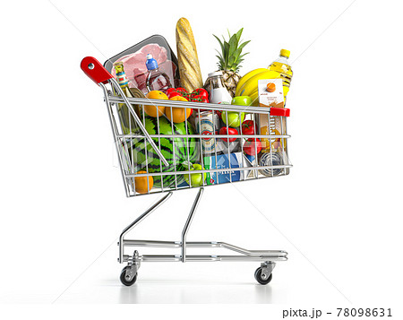 Shopping cart full of food isolated on white. Grocery and food store concept. 78098631