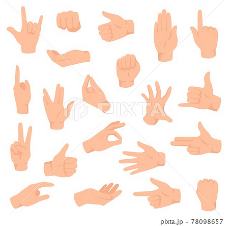 Flat hands. Man hand with various gestures and fist. Open palm victory and thumbs up, pointing finger sign. Holding and giving arm vector set 78098657