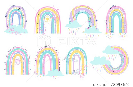 Cartoon rainbow. Scandinavian rainbows with heart and stars in pastel colors. Elements for childish patterns, wallpaper and stickers vector set 78098670