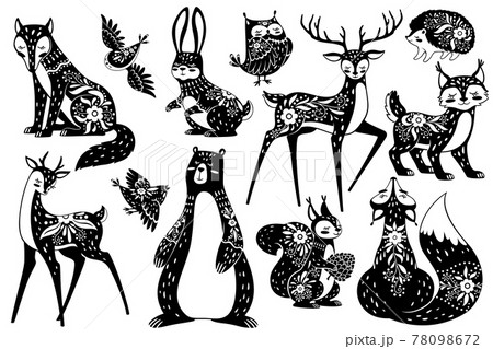 Scandinavian animals. Forest dwellers nordic with floral patterns. Deer, fox and hare, squirrel and hedgehog, lynx and owl swedish style vector set 78098672