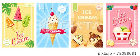 Ice cream poster. Cold summer desserts promotional banner. Flyer template with vanilla, chocolate sundae, fruit ice, popsicle for shop, cafe menu, restaurant vector set 78098681