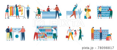 People in store. Family buying groceries. Consultant helping couple purchase home appliance. Men and women shopping at supermarket, mall, boutique vector set People in store. Family buying groceries. Consultant helping couple purchase home appliance. Men and women shopping at supermarket, mall, boutique vector set 78098817