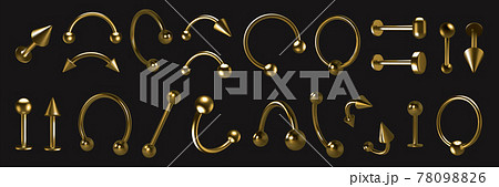 Golden piercing. Realistic luxury metallic body decoration with cones and balls. 3D earrings set. Pierce rings or barbells. Isolated metal jewelry. Vector accessories with light reflection 78098826