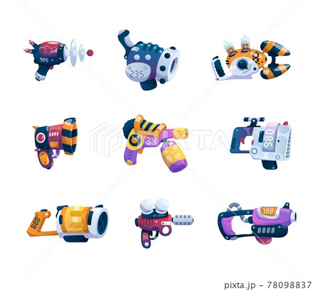 Cartoon guns. Alien game weapon. Futuristic lasers and blasters set. Astronaut combat ray handguns. Fictional weaponry with triggers and handles. Vector fantastic plasma or beam arms Cartoon guns. Alien game weapon. Futuristic lasers and blasters set. Astronaut combat ray handguns. Fictional weaponry with triggers and handles. Vector fantastic plasma or beam arms 78098837
