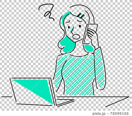 パソコン操作をしながら電話をする女性のシンプル線画イラストのイラスト素材