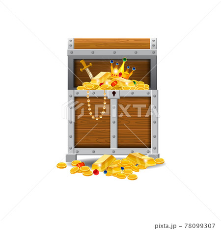 Wooden old pirate chests, full of treasures, gold coins, treasures, vector, cartoon style, illustration, isolated. For games, advertising applications Wooden old pirate chests, full of treasures, gold coins, treasures, vector, cartoon style, illustration, isolated. For games, advertising applications 78099307