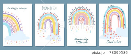 Rainbow card. Cute pastel rainbows with quotes, colorful rain and clouds. Be happy always, dream often, good vibes. Vector kids poster template 78099586