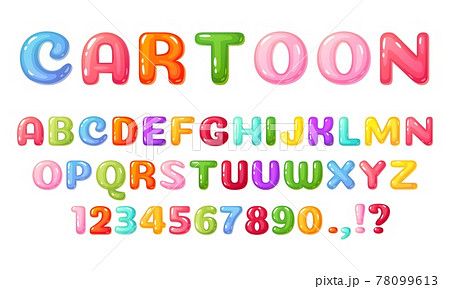 Cartoon kids font. Colorful comic alphabet for children. Cute childish bubble letters and numbers, glossy candy or jelly kid book lettering vector 78099613
