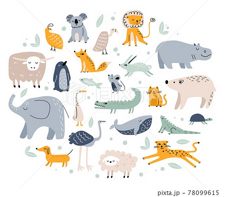 Scandinavian animals. Cute childish fox, elephant, bear, crocodile, rabbit, cat. Hand drawn forest and jungle animal doodles for kids vector set 78099615