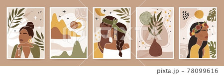 Abstract couple portrait. Modern print with male and female silhouette kissing, leaves, organic shapes, flowers. Contemporary poster vector set Abstract couple portrait. Modern print with male and female silhouette kissing, leaves, organic shapes, flowers. Contemporary poster vector set 78099616