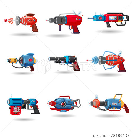 Set cartoon retro space blaster, ray gun, laser weapon. Vector illustration. Cartoon style Set cartoon retro space blaster, ray gun, laser weapon. Vector illustration. Cartoon style 78100138