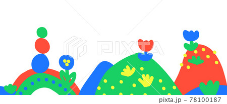 Seamless Kids drawing border vector. Childlike hand drawn hills, flowers repeating horizontal 78100187