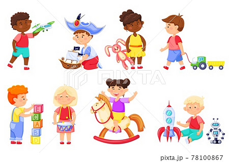 Kids playing with toys. Cartoon children play with rocket, bunny. Kindergarten girl on rocking horse. Boys and girls having fun vector set 78100867