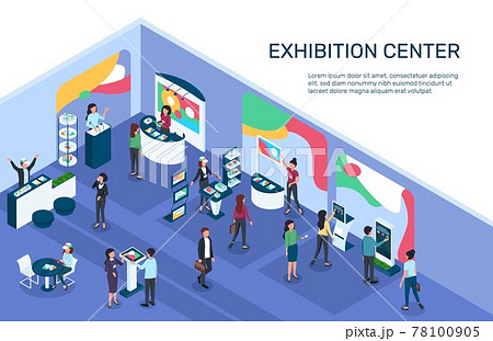 Isometric expo. Exhibition center with people, exhibit displays, stands, booths. Digital marketing, products promotion event 3d vector illustration 78100905
