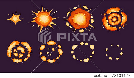 Explosion animation. Cartoon bomb exploding effect with smoke and particles. Fire blast frames, comic boom sprite sheet for games vector set Explosion animation. Cartoon bomb exploding effect with smoke and particles. Fire blast frames, comic boom sprite sheet for games vector set 78101178