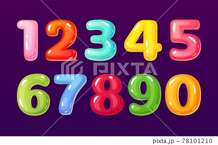 Cartoon numbers. Cute comic bubble alphabet mathematical symbols for children. Colorful candy, jelly math figures. Funny kid school number vector 78101210