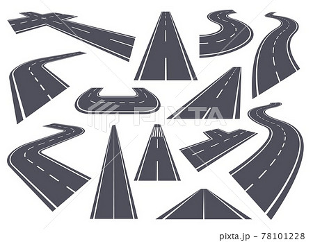 Curved roads. Perspective highway, bending or winding road, straight and curve pathway. Asphalt city streets with white markings vector set 78101228
