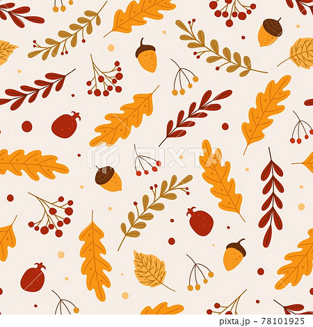 Autumn seamless pattern. Red or yellow dry fallen leaves, acorns, berries. Hand drawn foliage and fall forest nature elements vector background 78101925