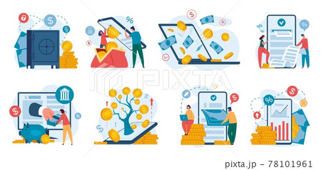 Online banking. Internet financial operations using smartphone. Digital bank deposit, phone payment, saving money, cashback, concept vector set 78101961