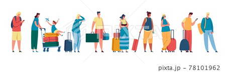 Tourist queue. Men and women standing in line at airport check in terminal, registration desk. Travelers with suitcases, bags Vector illustration Tourist queue. Men and women standing in line at airport check in terminal, registration desk. Travelers with suitcases, bags Vector illustration 78101962