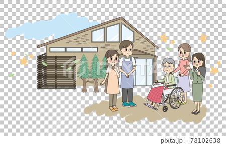 シニア女性の車椅子を支える家族とケアマネージャーとスタッフのヘルパー シニア女性の車椅子を支える家族とケアマネージャーとスタッフのヘルパー 78102638