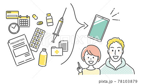 illustration of hospital and smart phone app. 78103879