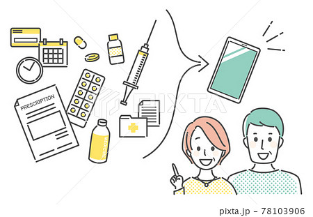 illustration of hospital and smart phone app. 78103906