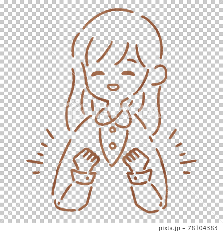 笑顔でガッツポーズをするシンプルでかわいい手描きの女性の線画イラストのイラスト素材