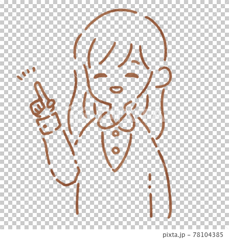 笑顔で指をさすシンプルでかわいい手描きの女性の線画イラストの