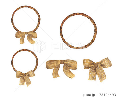 Set of Brown Rope frame with burlap bow. Watercolor illustration. Set of Brown Rope frame with burlap bow. Watercolor illustration. 78104493