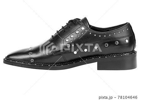 Women's leather boots close-up black color. Oxford style shoes. Casual shoes. Women's leather boots close-up black color. Oxford style shoes. Casual shoes. 78104646
