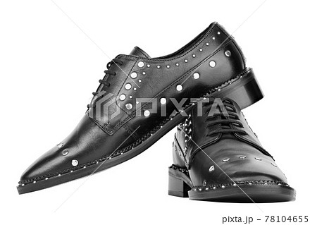 Women's leather boots close-up black color. Oxford style shoes. Casual shoes. 78104655