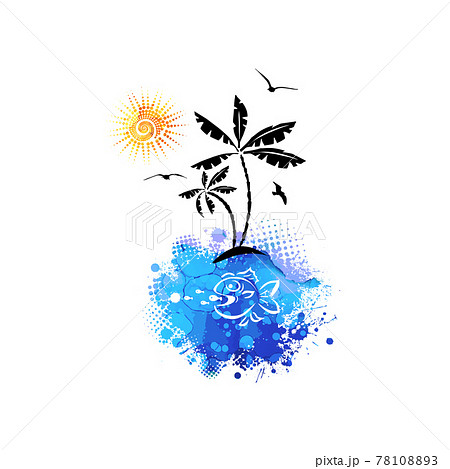 Abstraction of the palm tree sea and the sun. print on a T-shirt. Vector illustration 78108893