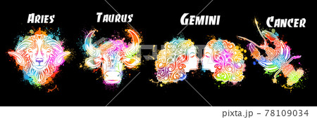 A set of zodiac signs. T-shirt print. Symbol for tattoo. Mixed media. Multi-colored objects. Elements of water, earth, fire and air. Vector illustration 78109034