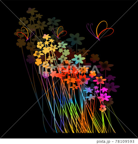 The background is a postcard with small and multicolored flowers. On a black background. Vector illustration The background is a postcard with small and multicolored flowers. On a black background. Vector illustration 78109593