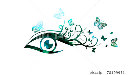 Logo is a beautiful female eye. Lashes with butterflies. multicolored eye symbol. Mixed media. Vector illustration Logo is a beautiful female eye. Lashes with butterflies. multicolored eye symbol. Mixed media. Vector illustration 78109951