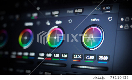 Color grading tools or RGB colour correction indicator on monitor in post production. Telecine full grade stage in video or film production processing. for colorist edit grading color on digital movie 78110435