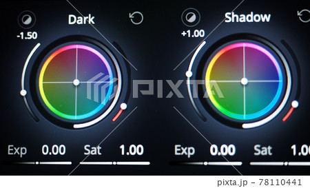 Color grading tools or RGB colour correction indicator on monitor in post production. Telecine full grade stage in video or film production processing. for colorist edit grading color on digital movie 78110441