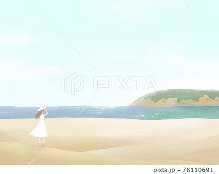 浜辺で海を眺める彼女のイラスト素材