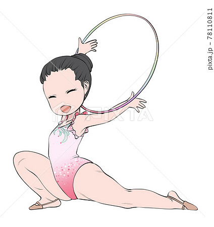 満面の笑顔でフープの演技をするアジア系の女子新体操選手のイラスト素材