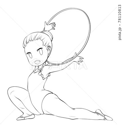 晴れやかな表情でフープの演技をする女子新体操選手 線画のイラスト素材