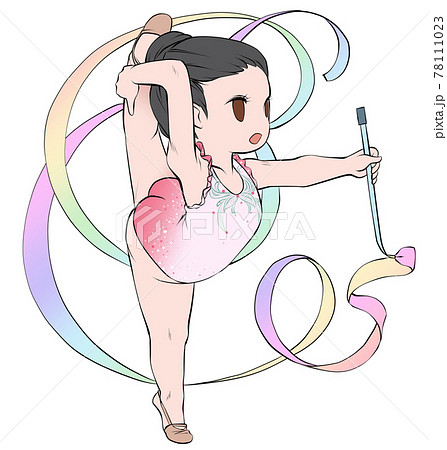 晴れやかな表情でリボンの演技をするアジア系の女子新体操選手のイラスト素材