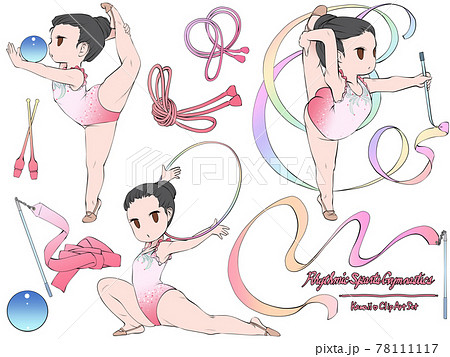 真剣な表情で演技をするアジア系の女子新体操選手 クリップアートセットのイラスト素材