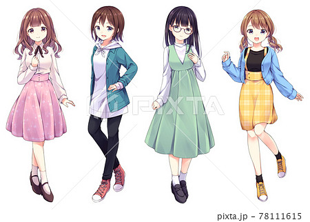 4 Anime Style Female Characters Full Body Stock Illustration