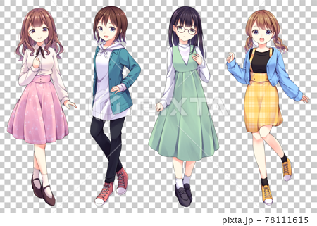 4 anime-style female characters full-body... - Stock Illustration  [78111615] - PIXTA